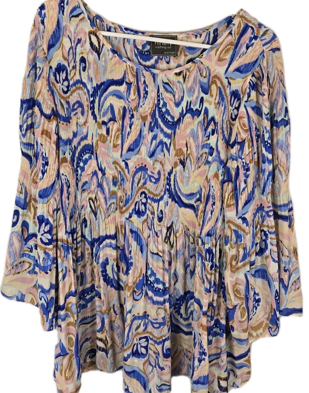 Ninety Clothing Co Women 1X Pink Blue Cascade Boho Whimsigoth 3/4 Sleeve Pleated